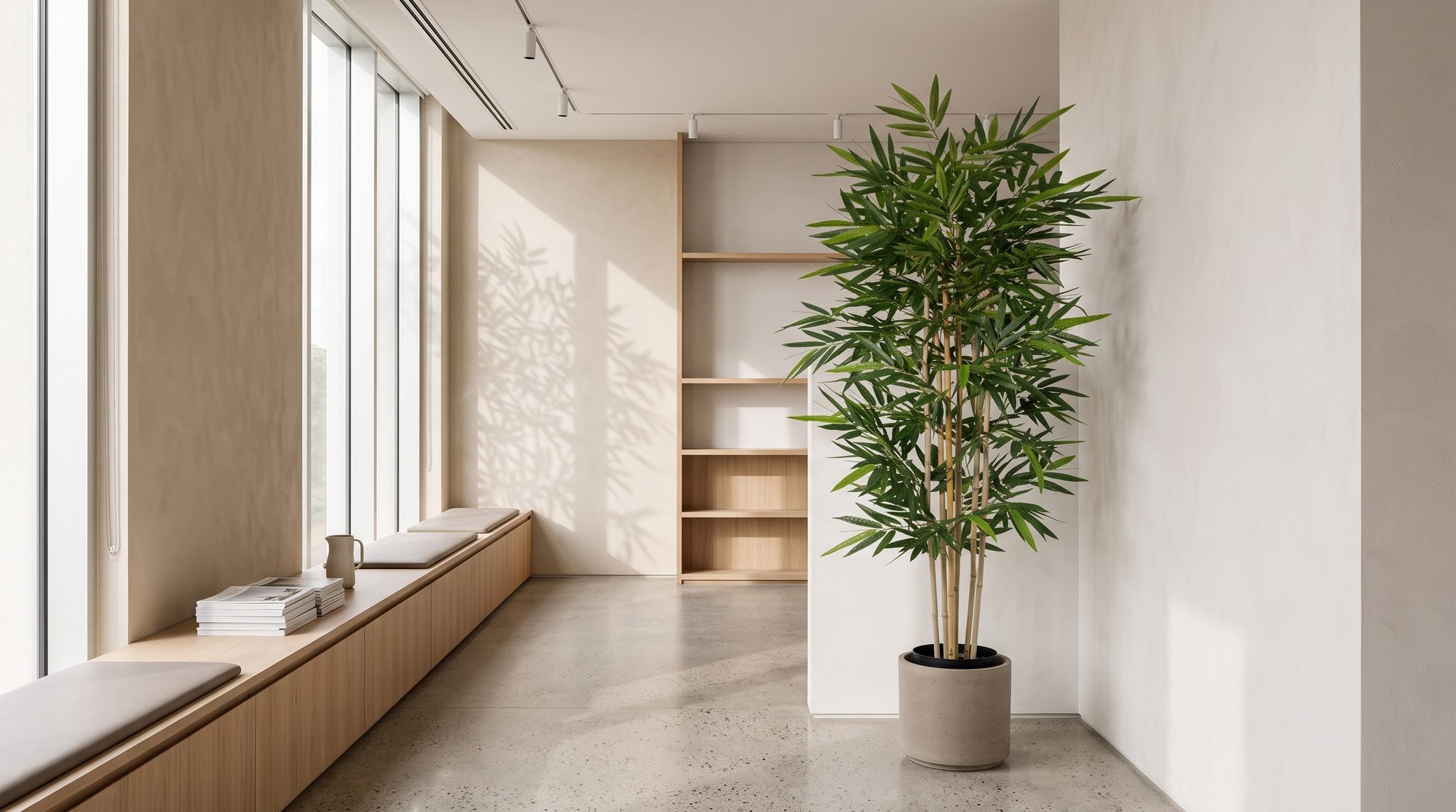 Bamboo dividing a daylit workplace lounge